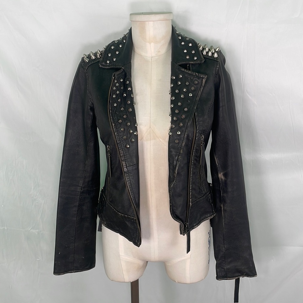 All Saints vintage leather punk rock biker jacket hand studded size small